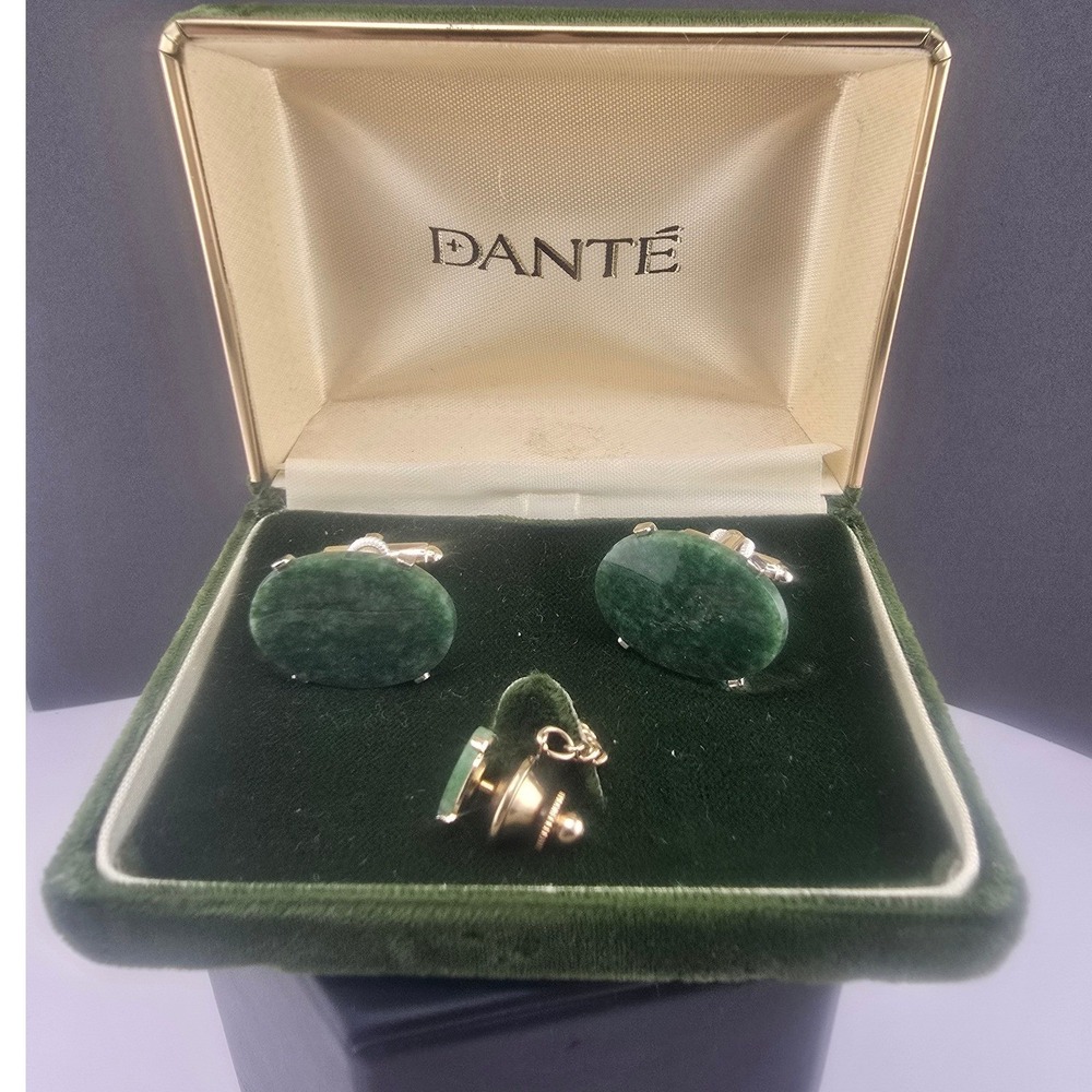 Vintage Dante Cufflinks Tie Tack Set Green Oval Gold Tone Boxed 31220